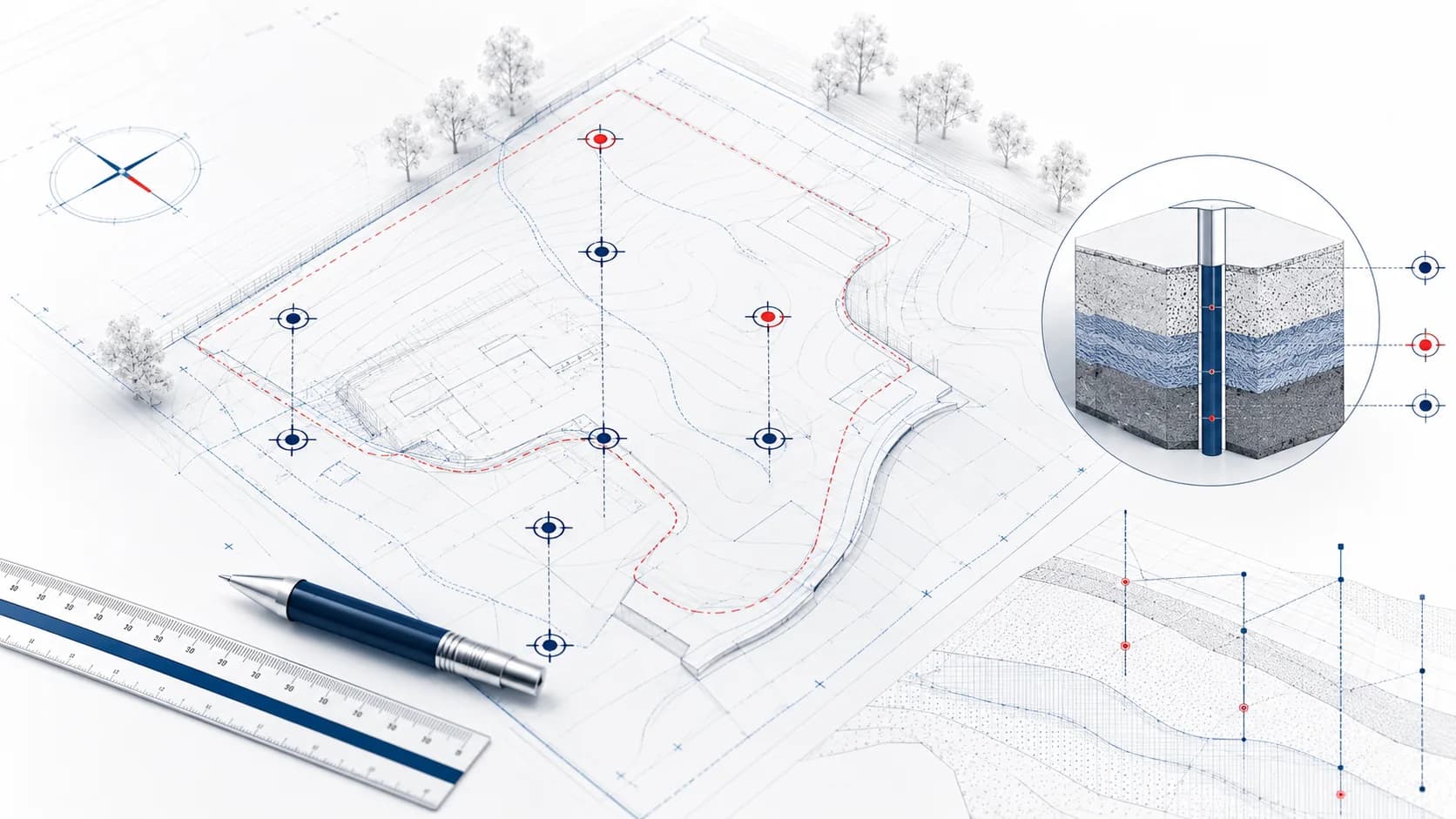Technische Illustration zu Bohrpunkten, Baugrunddaten und 3D-Baugrundmodellierung