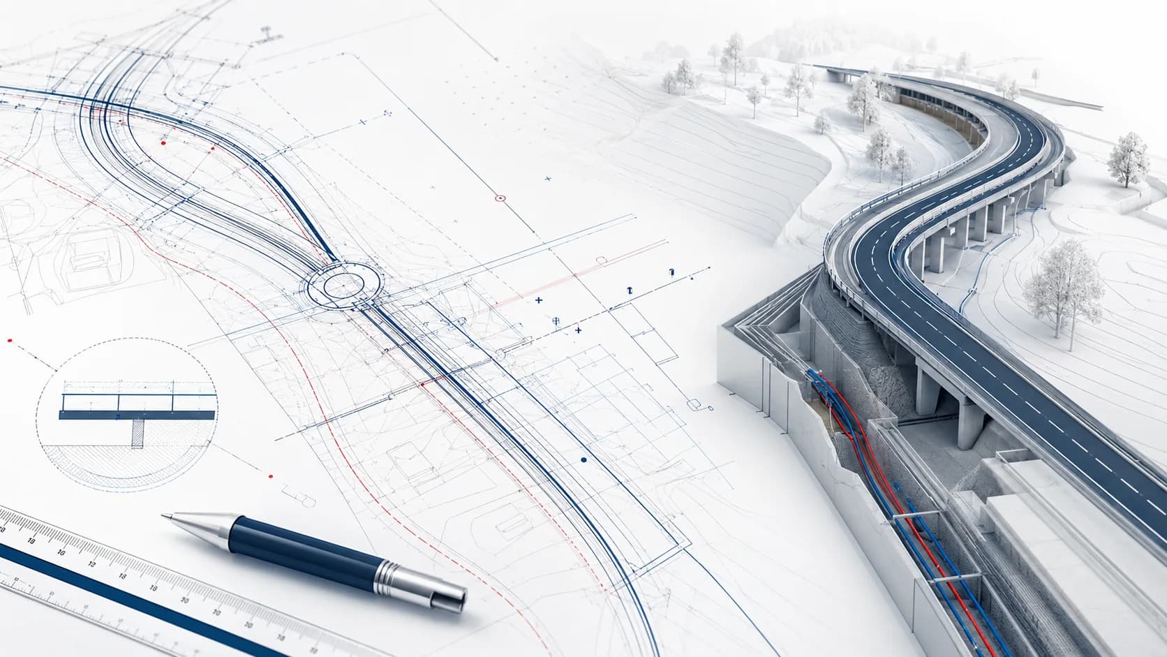 Technische CAD-Illustration zu Infrastrukturplanung und digitaler Konstruktion