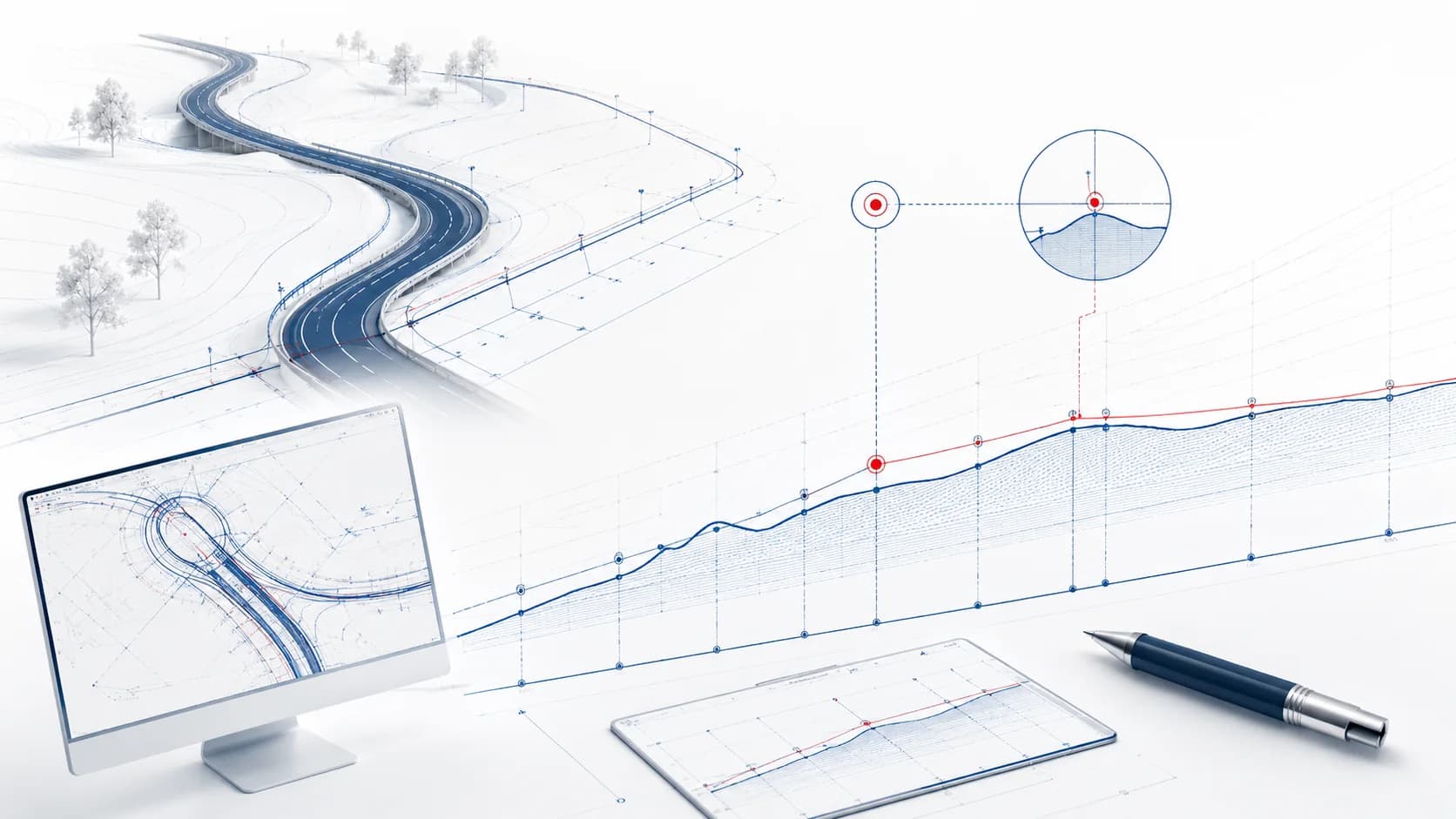 Technische Illustration zu Civil 3D, Stationierung und Gradientenhöhen