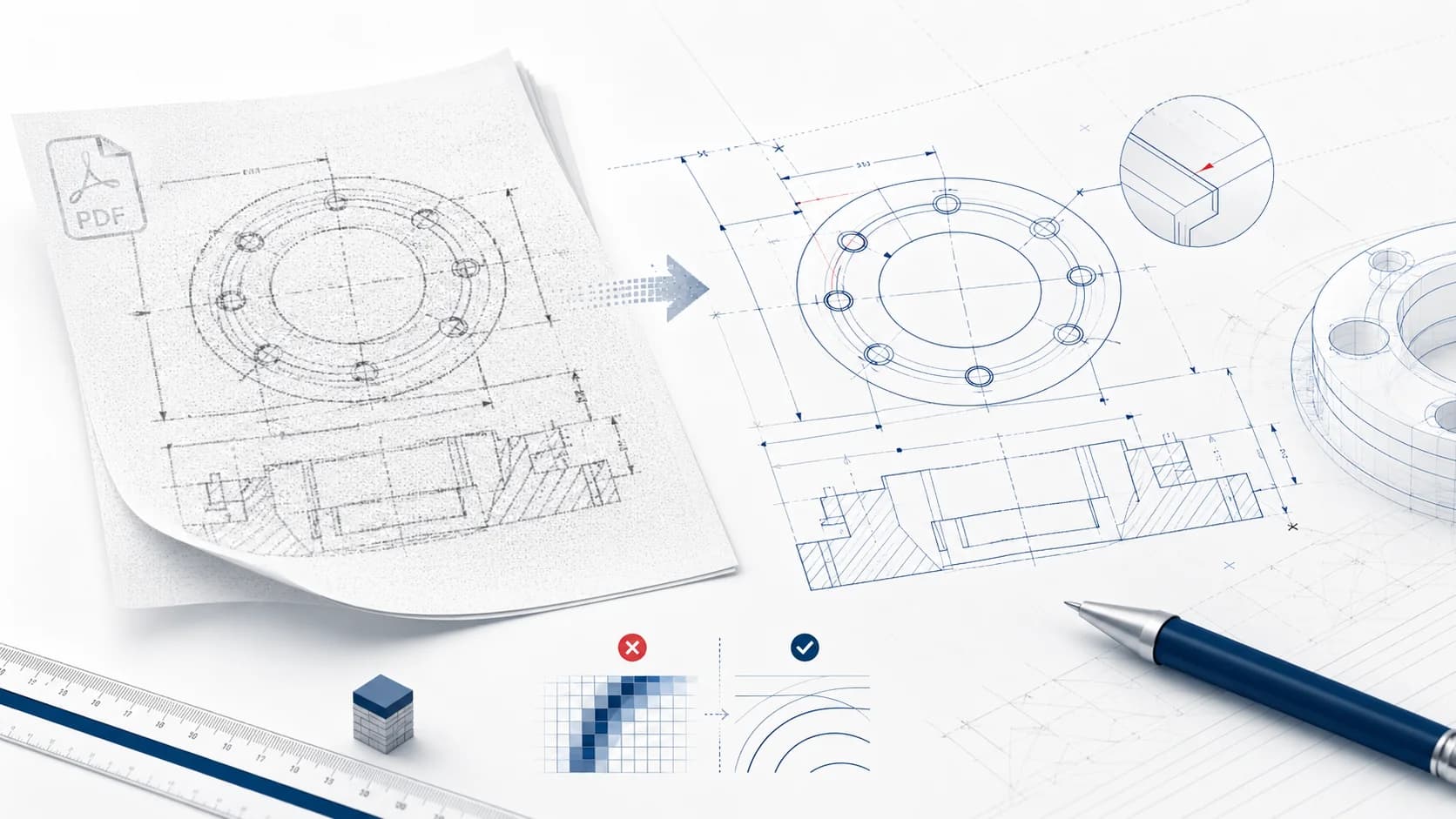 Technische Illustration zur Umwandlung von PDF in DXF und CAD-Vektordaten