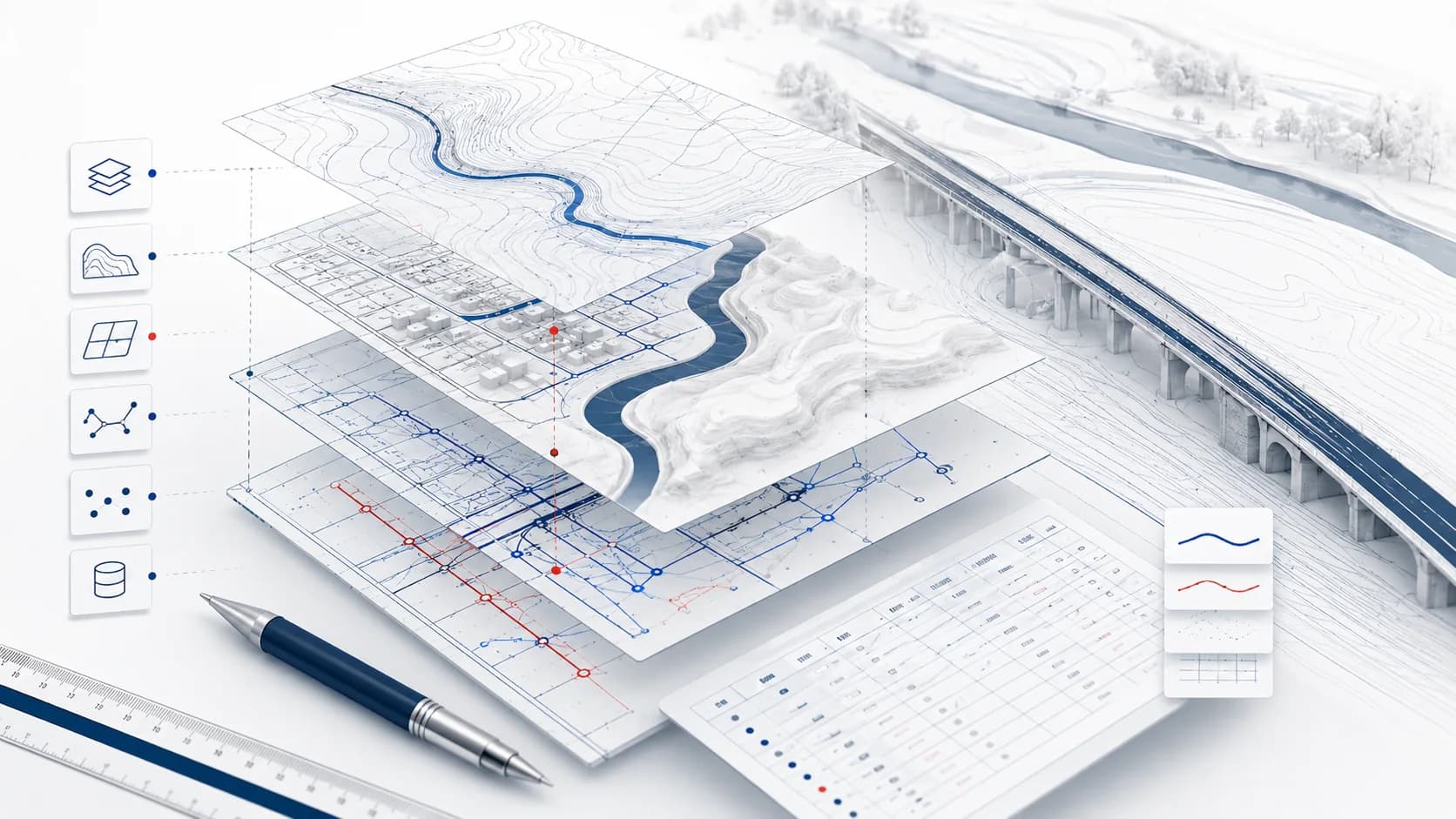 Technische Illustration zu QGIS, Geodaten und Ingenieurbüro-Workflows
